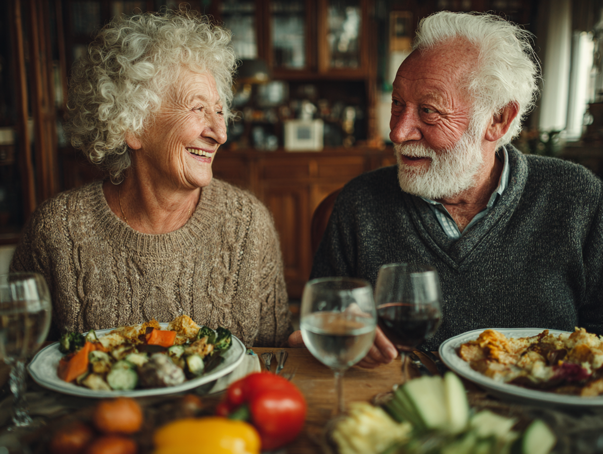 Щаслива пара старшого віку готує здорову їжу разом на кухні